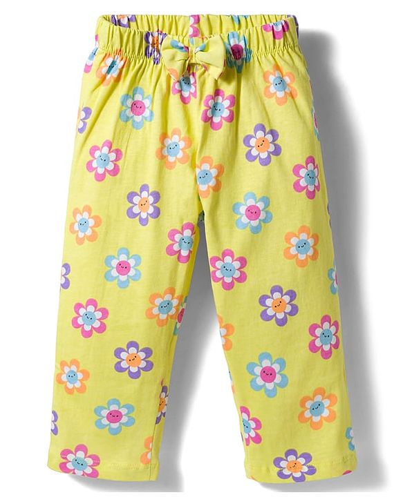 Babyhug Cotton Knit Half Sleeves Co-ords Front Open Top & Pajama Night Suit with Floral Print & Bow Applique - Yellow