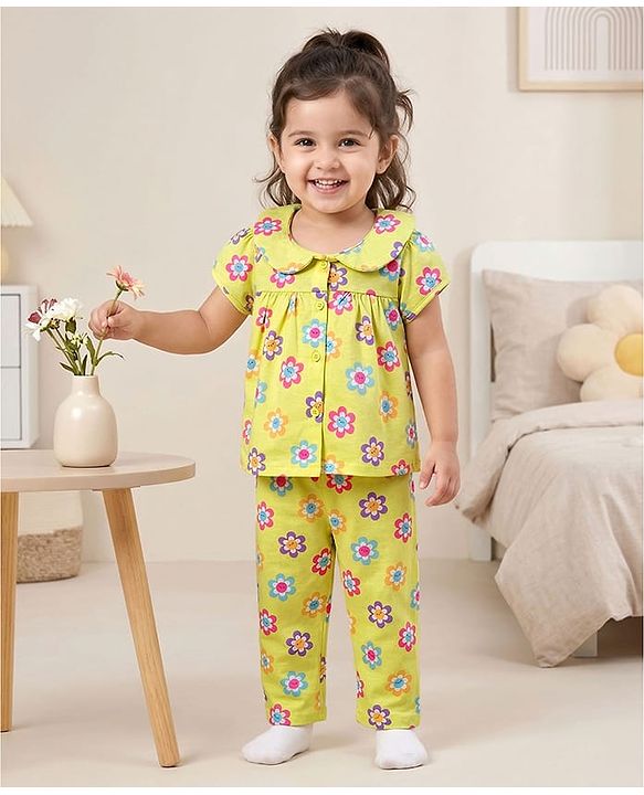 Babyhug Cotton Knit Half Sleeves Co-ords Front Open Top & Pajama Night Suit with Floral Print & Bow Applique - Yellow