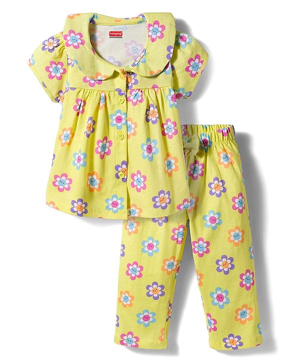 Babyhug Cotton Knit Half Sleeves Co-ords Front Open Top & Pajama Night Suit with Floral Print & Bow Applique - Yellow