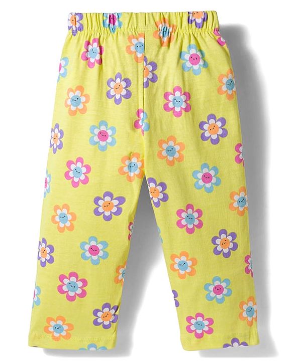 Babyhug Cotton Knit Half Sleeves Co-ords Front Open Top & Pajama Night Suit with Floral Print & Bow Applique - Yellow
