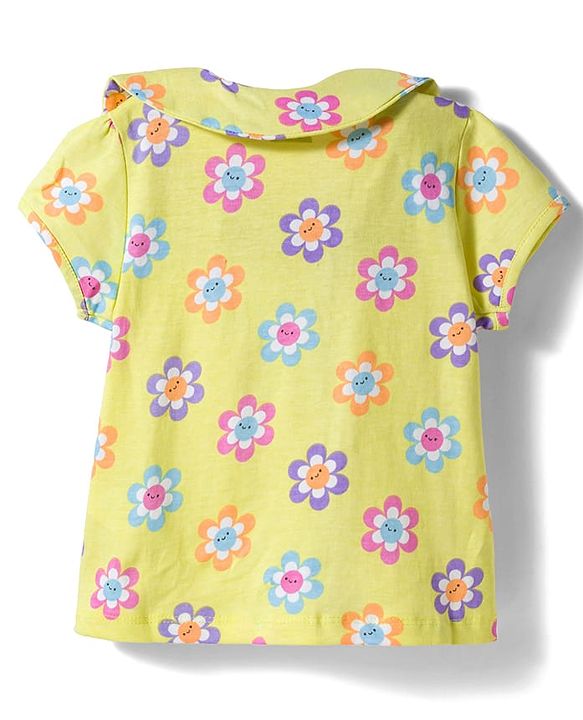 Babyhug Cotton Knit Half Sleeves Co-ords Front Open Top & Pajama Night Suit with Floral Print & Bow Applique - Yellow