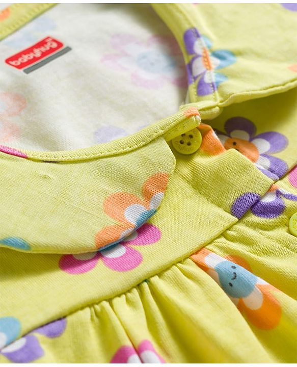 Babyhug Cotton Knit Half Sleeves Co-ords Front Open Top & Pajama Night Suit with Floral Print & Bow Applique - Yellow