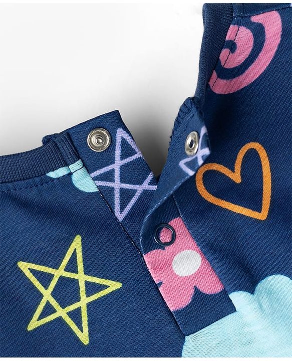 Babyhug Cotton Knit Full Sleeves Co-ords T-Shirt & Pajama Night Suit with Tropical Theme Print - Navy Blue
