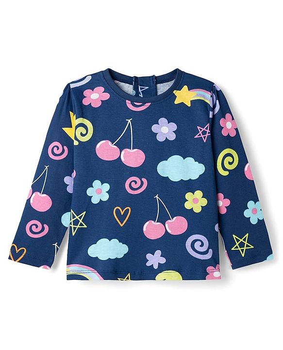 Babyhug Cotton Knit Full Sleeves Co-ords T-Shirt & Pajama Night Suit with Tropical Theme Print - Navy Blue