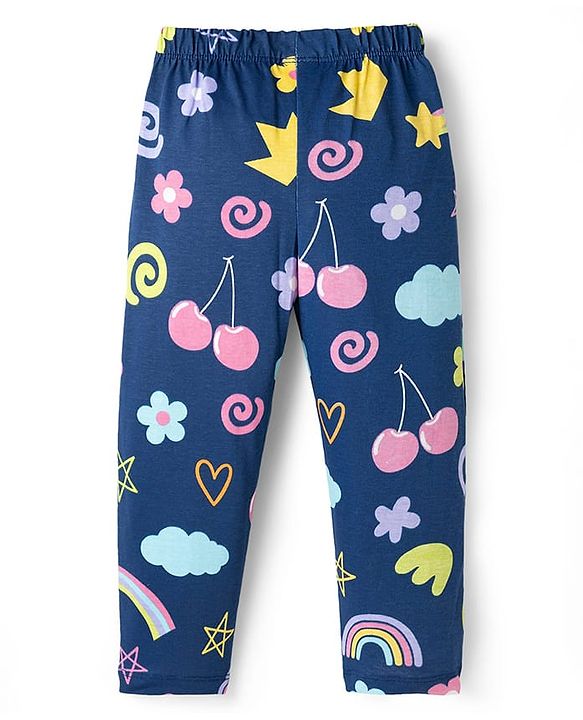 Babyhug Cotton Knit Full Sleeves Co-ords T-Shirt & Pajama Night Suit with Tropical Theme Print - Navy Blue