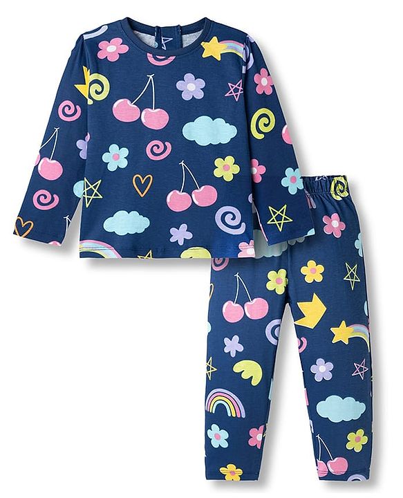 Babyhug Cotton Knit Full Sleeves Co-ords T-Shirt & Pajama Night Suit with Tropical Theme Print - Navy Blue