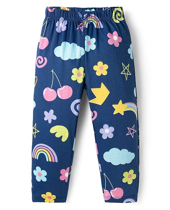 Babyhug Cotton Knit Full Sleeves Co-ords T-Shirt & Pajama Night Suit with Tropical Theme Print - Navy Blue