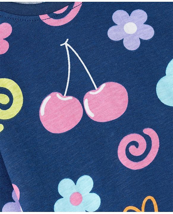 Babyhug Cotton Knit Full Sleeves Co-ords T-Shirt & Pajama Night Suit with Tropical Theme Print - Navy Blue