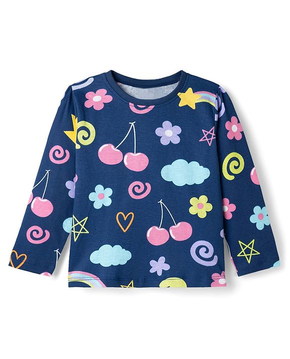 Babyhug Cotton Knit Full Sleeves Co-ords T-Shirt & Pajama Night Suit with Tropical Theme Print - Navy Blue