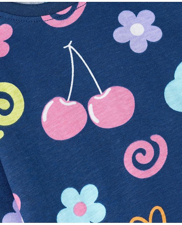 Babyhug Cotton Knit Full Sleeves Co-ords T-Shirt & Pajama Night Suit with Tropical Theme Print - Navy Blue