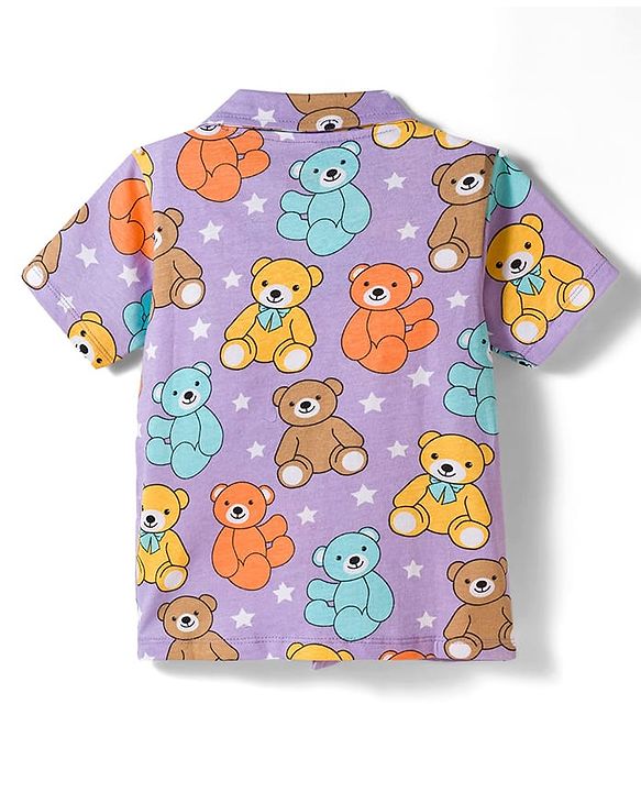 Babyhug Cotton Knit Half Sleeves Shirt & Pyjama Co-ord Night Suit With Teddy Bear Print - Lavender
