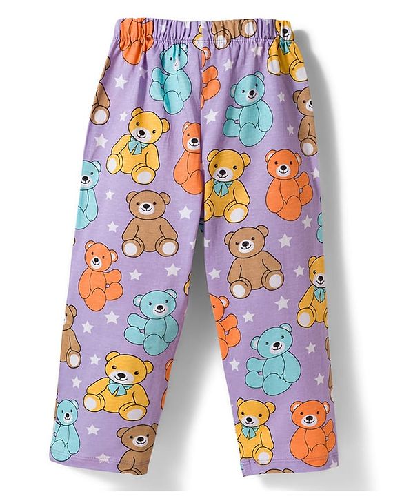 Babyhug Cotton Knit Half Sleeves Shirt & Pyjama Co-ord Night Suit With Teddy Bear Print - Lavender