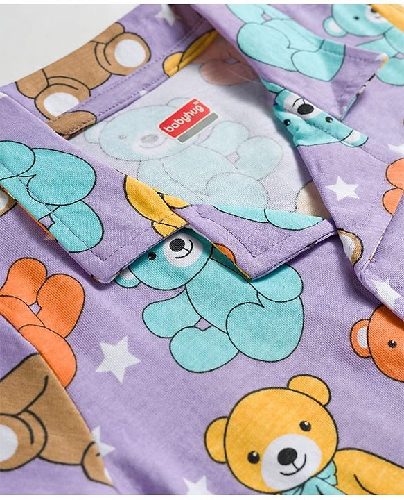 Babyhug Cotton Knit Half Sleeves Shirt & Pyjama Co-ord Night Suit With Teddy Bear Print - Lavender