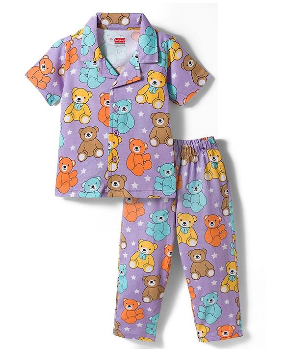 Babyhug Cotton Knit Half Sleeves Shirt & Pyjama Co-ord Night Suit With Teddy Bear Print - Lavender