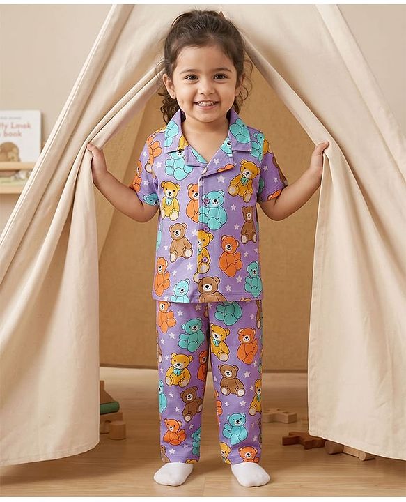 Babyhug Cotton Knit Half Sleeves Shirt & Pyjama Co-ord Night Suit With Teddy Bear Print - Lavender