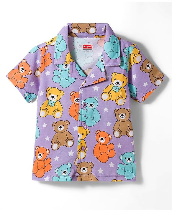 Babyhug Cotton Knit Half Sleeves Shirt & Pyjama Co-ord Night Suit With Teddy Bear Print - Lavender