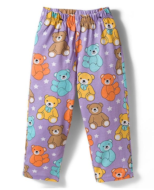 Babyhug Cotton Knit Half Sleeves Shirt & Pyjama Co-ord Night Suit With Teddy Bear Print - Lavender