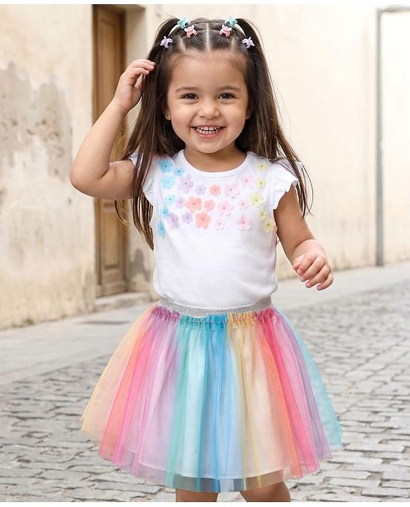 Babyhug Single Jersey Knit Half Sleeves Top & Skirt Set With Floral Applique - White