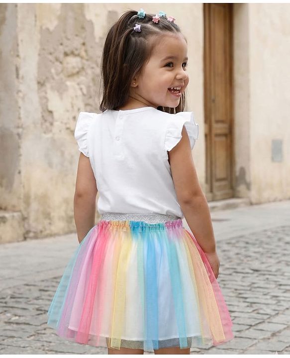 Babyhug Single Jersey Knit Half Sleeves Top & Skirt Set With Floral Applique - White