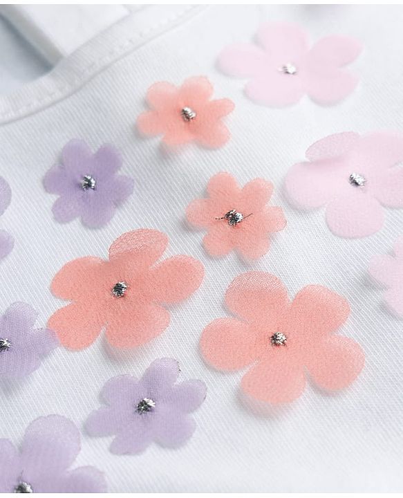 Babyhug Single Jersey Knit Half Sleeves Top & Skirt Set With Floral Applique - White