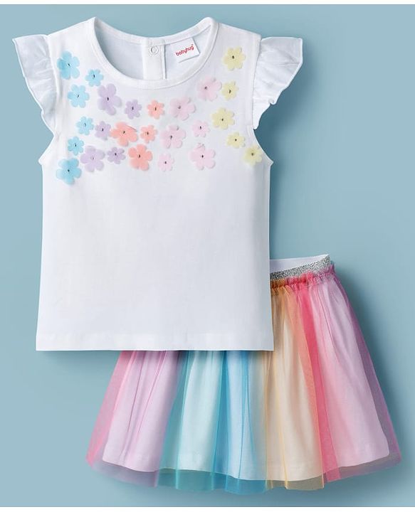 Babyhug Single Jersey Knit Half Sleeves Top & Skirt Set With Floral Applique - White