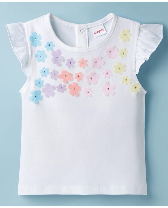 Babyhug Single Jersey Knit Half Sleeves Top & Skirt Set With Floral Applique - White