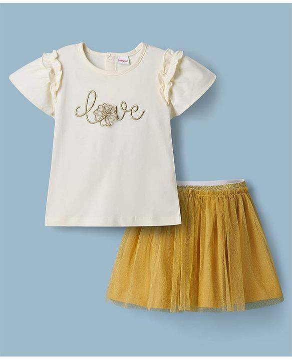 Babyhug Single Jersey Knit Half Sleeves Top & Skirt Set With Love Embroidery - White