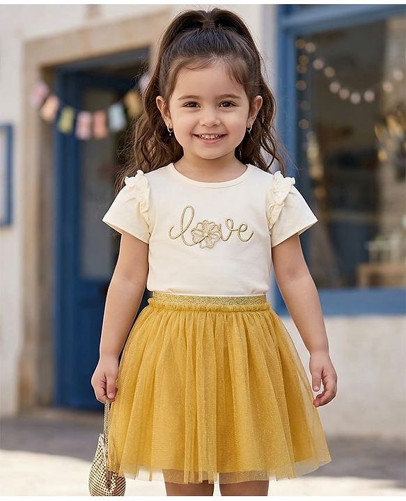 Babyhug Single Jersey Knit Half Sleeves Top & Skirt Set With Love Embroidery - White