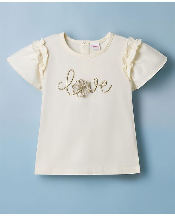 Babyhug Single Jersey Knit Half Sleeves Top & Skirt Set With Love Embroidery - White