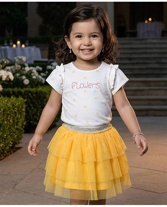 Babyhug Single Jersey Knit Half Sleeves Top & Skirts Set with Flora Print & Embroidery - Yellow & White