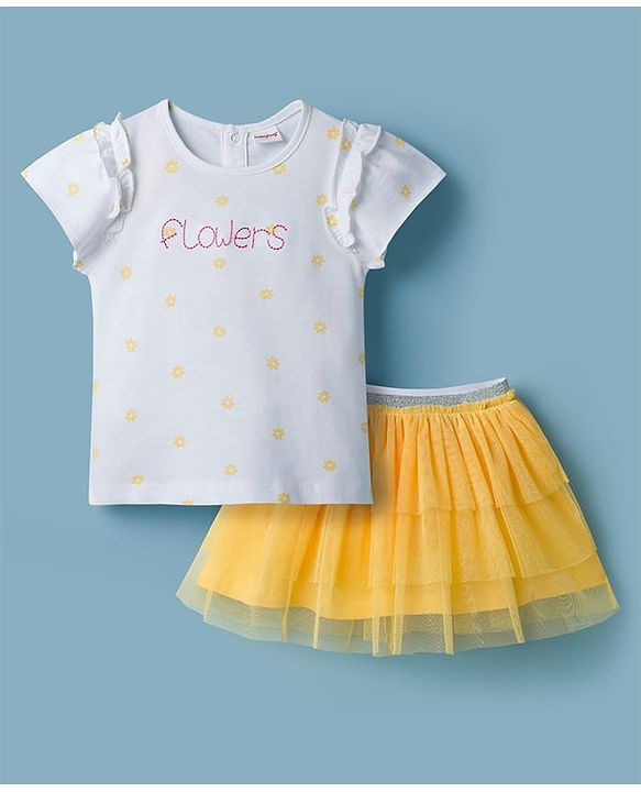 Babyhug Single Jersey Knit Half Sleeves Top & Skirts Set with Flora Print & Embroidery - Yellow & White