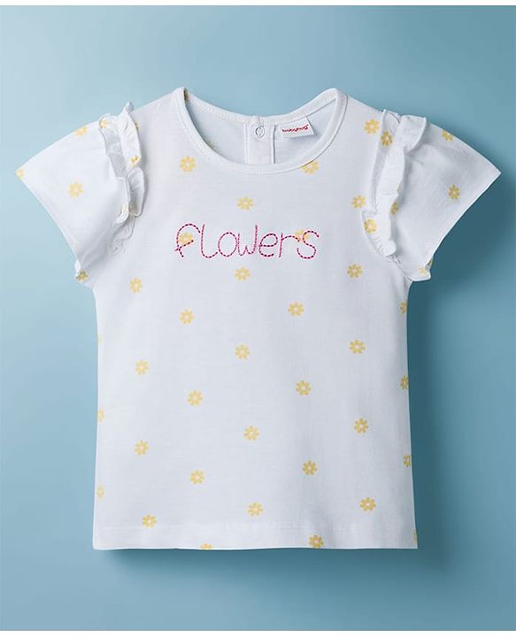 Babyhug Single Jersey Knit Half Sleeves Top & Skirts Set with Flora Print & Embroidery - Yellow & White