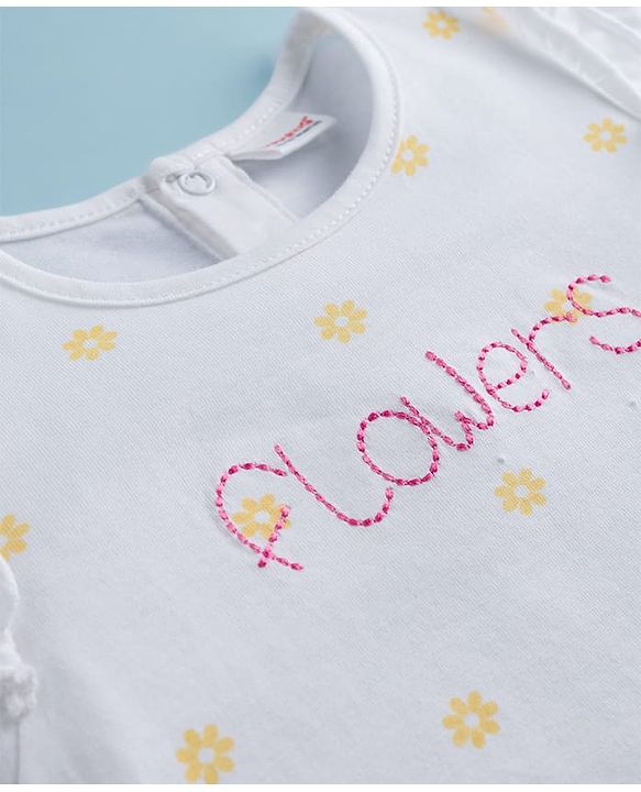 Babyhug Single Jersey Knit Half Sleeves Top & Skirts Set with Flora Print & Embroidery - Yellow & White