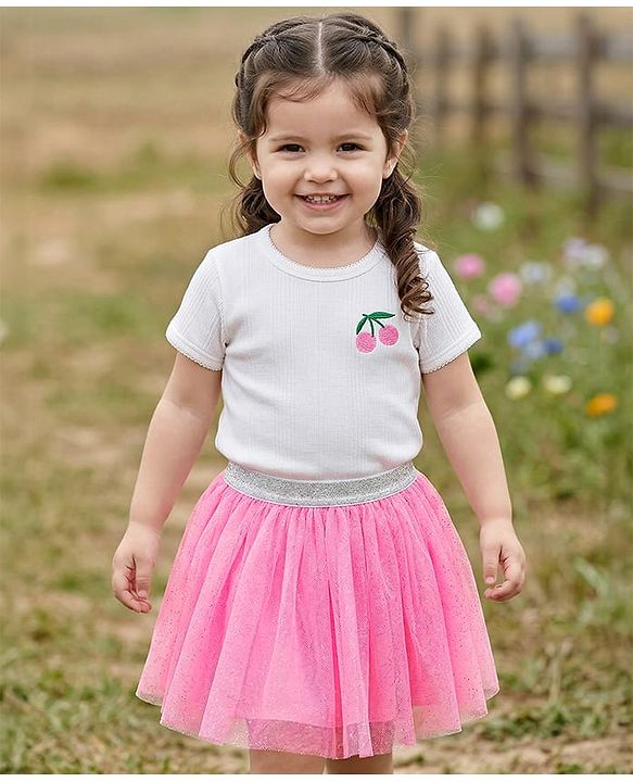 Babyhug Single Jersey Knit Half Sleeves Top & Skirt Set With Cherry Embroidery - White & Pink