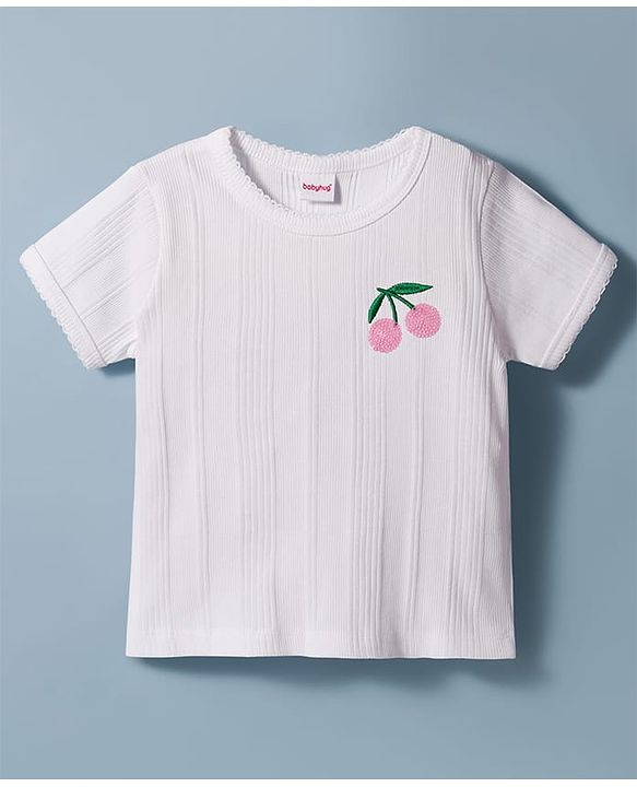 Babyhug Single Jersey Knit Half Sleeves Top & Skirt Set With Cherry Embroidery - White & Pink