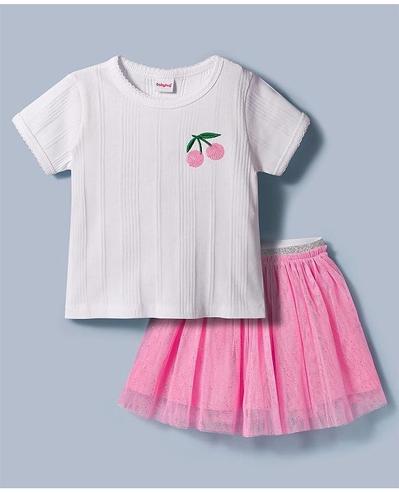 Babyhug Single Jersey Knit Half Sleeves Top & Skirt Set With Cherry Embroidery - White & Pink