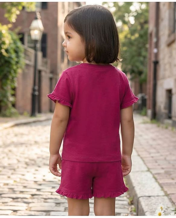 Babyhug Single Jersey Knit Half Sleeves Top & Shorts Set With Floral Embroidery - Purple