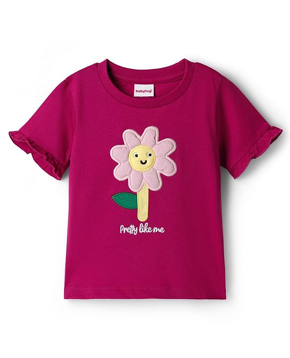 Babyhug Single Jersey Knit Half Sleeves Top & Shorts Set With Floral Embroidery - Purple