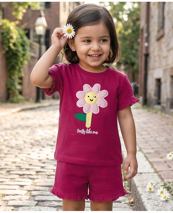 Babyhug Single Jersey Knit Half Sleeves Top & Shorts Set With Floral Embroidery - Purple