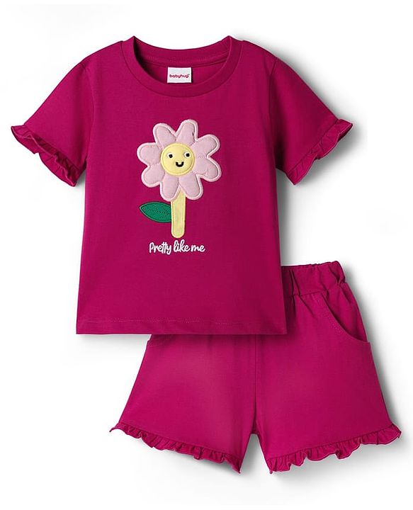 Babyhug Single Jersey Knit Half Sleeves Top & Shorts Set With Floral Embroidery - Purple