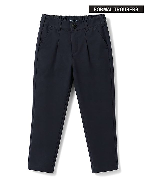 Pine Kids Cotton Elastane Woven Full Length Solid Color Trousers - Navy Blue