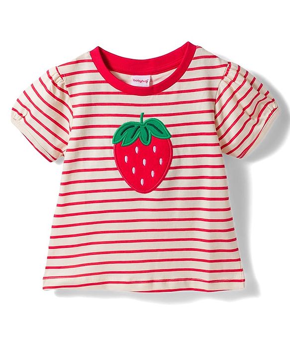 Babyhug Single Jersey Knit Half Sleeves Striped Top & Skirt Set Strawberry Embroidery - Red