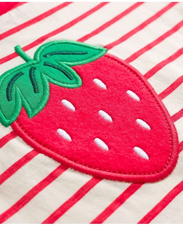 Babyhug Single Jersey Knit Half Sleeves Striped Top & Skirt Set Strawberry Embroidery - Red