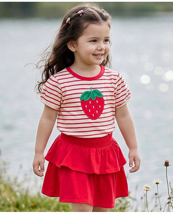 Babyhug Single Jersey Knit Half Sleeves Striped Top & Skirt Set Strawberry Embroidery - Red