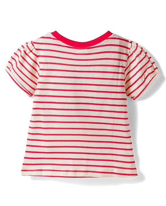 Babyhug Single Jersey Knit Half Sleeves Striped Top & Skirt Set Strawberry Embroidery - Red