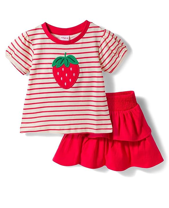 Babyhug Single Jersey Knit Half Sleeves Striped Top & Skirt Set Strawberry Embroidery - Red