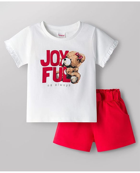 Babyhug Single Jersey Knit Half Sleeves Top & Shorts Set With Teddy Bear Print - White & Red