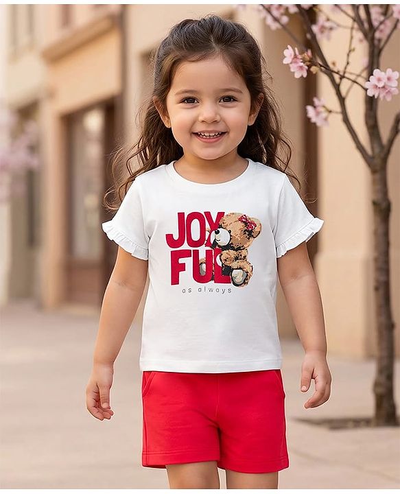 Babyhug Single Jersey Knit Half Sleeves Top & Shorts Set With Teddy Bear Print - White & Red