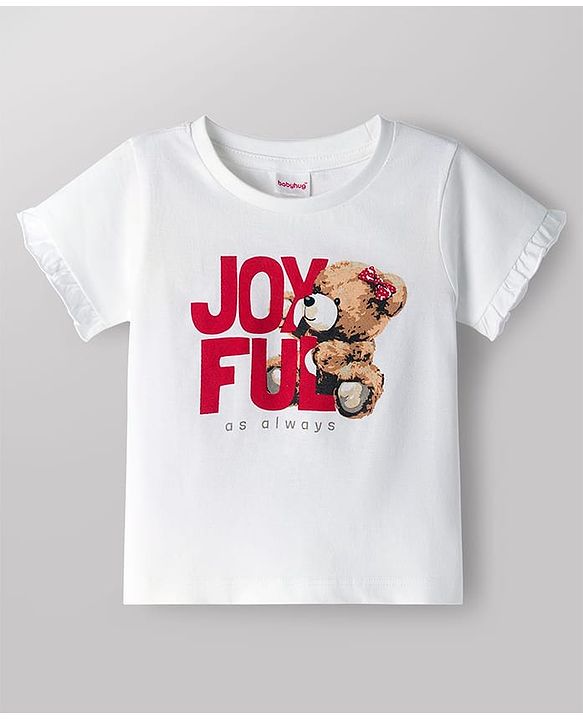 Babyhug Single Jersey Knit Half Sleeves Top & Shorts Set With Teddy Bear Print - White & Red