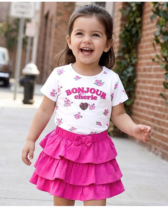 Babyhug Single Jersey Knit Half Sleeves Floral Printed Top & Layered Skirt Set - Pink & White